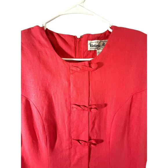 Vintage 80s Victoria Holley Coral Linen Asian Academia Secretary Pencil Dress 8 - Picture 3 of 4
